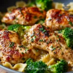 Cowboy Butter Lemon Bowtie Chicken served with fresh broccoli on a plate.