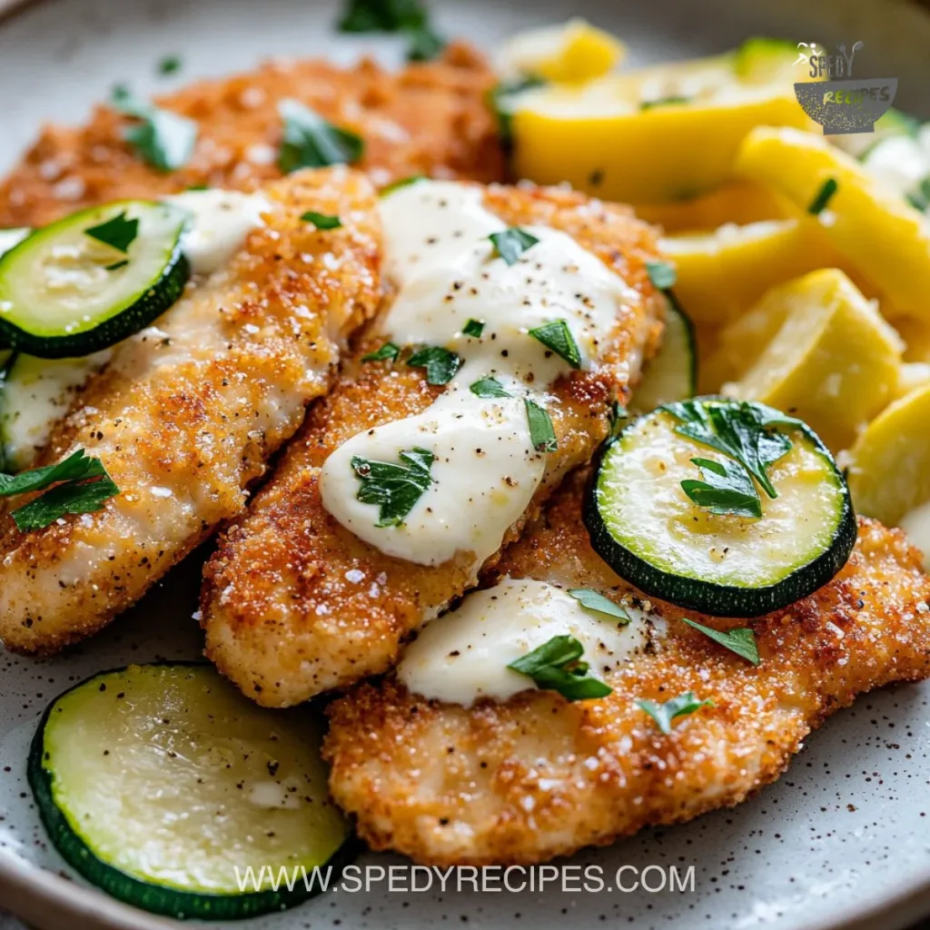 Creamy Lemon Butter Chicken with Crispy Zucchini Delight Creamy lemon butter chicken served with crispy zucchini on a plate