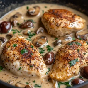 Creamy mushroom chicken served with a side of vegetables on a plate.