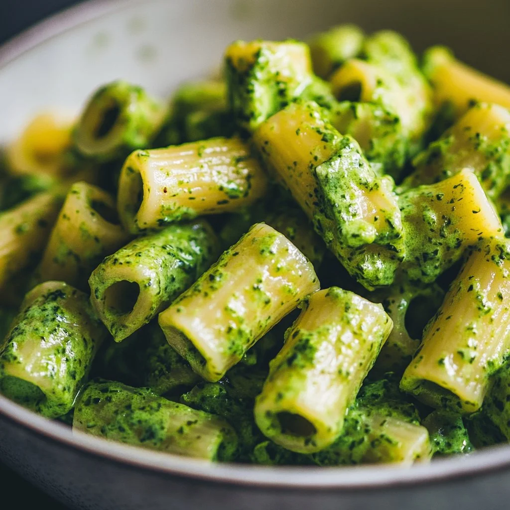 Bowl of creamy spinach pasta garnished with fresh herbs