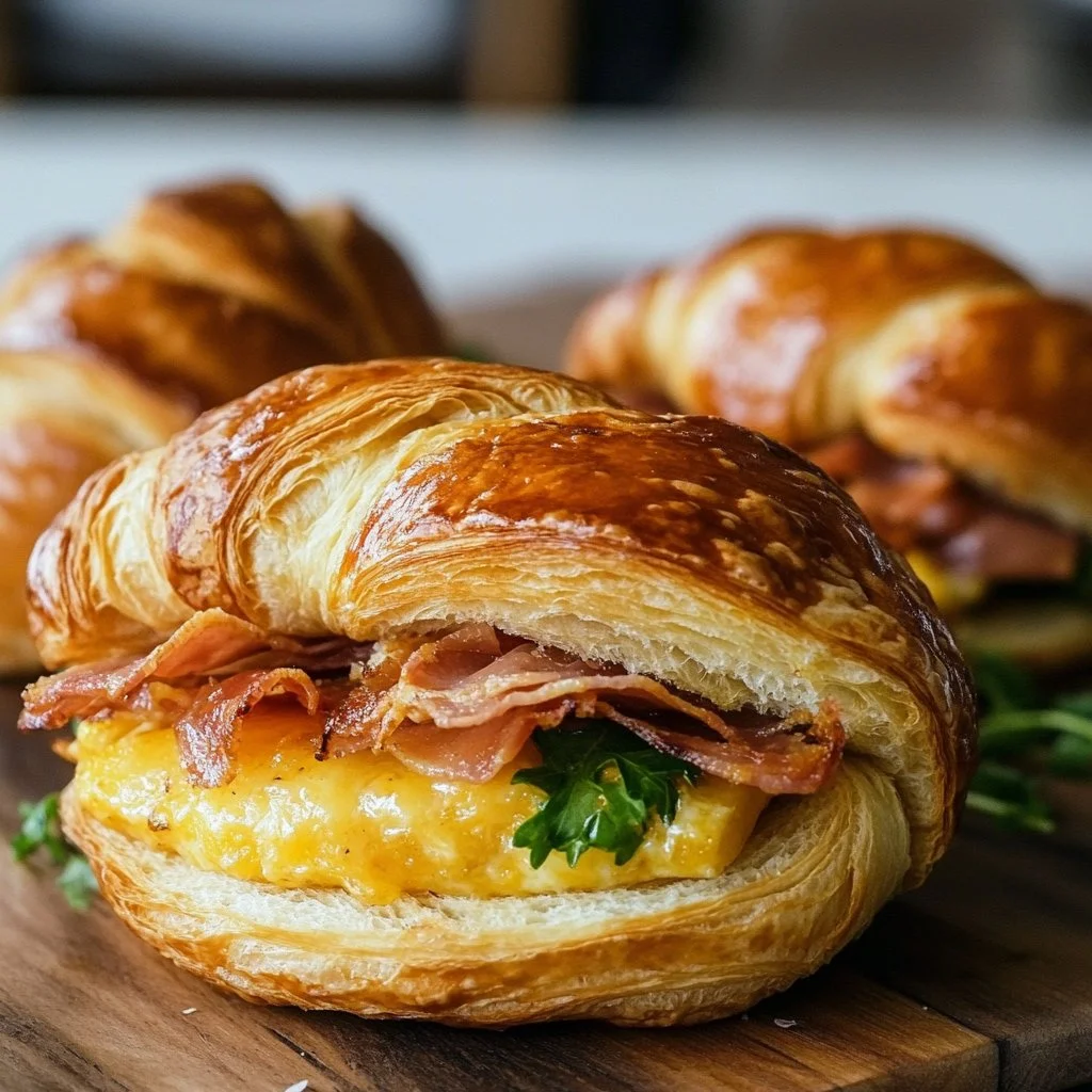 Croissant breakfast sandwiches filled with eggs, cheese, and bacon on a plate.