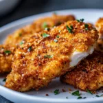 Deliciously crispy crumbed chicken served with a side of vegetables.