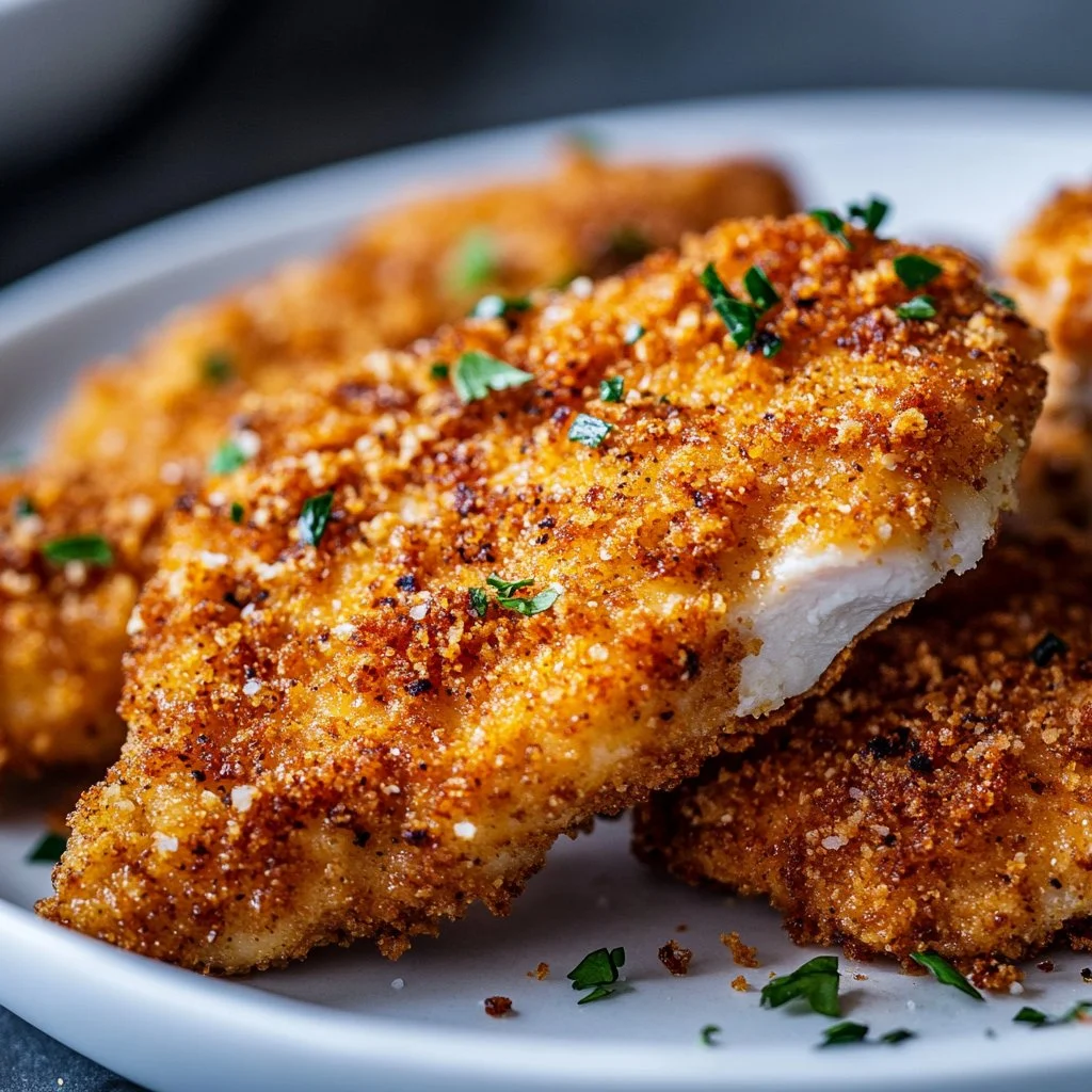 Crumbed Chicken Deliciously crispy crumbed chicken served with a side of vegetables.