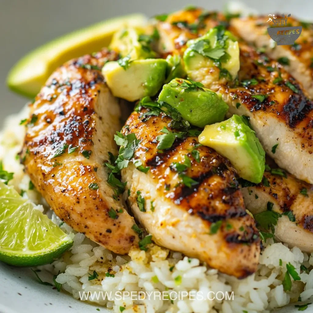 Honey lime chicken served with creamy avocado rice stack