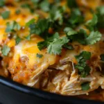 Easy cheesy keto chicken enchilada casserole topped with melted cheese.