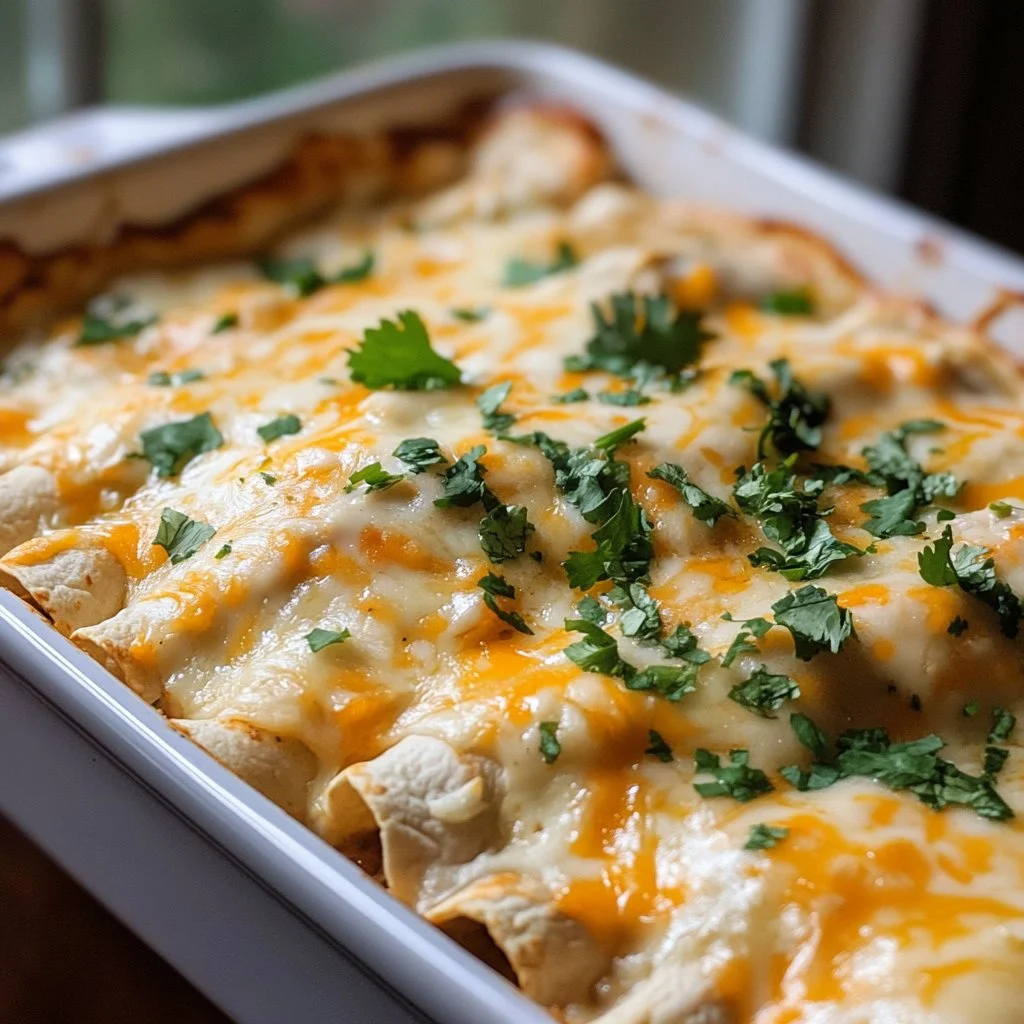 Easy creamy white chicken enchiladas topped with cheese and cilantro.