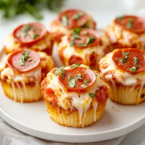 Delicious easy pizza cupcakes topped with cheese and pepperoni.