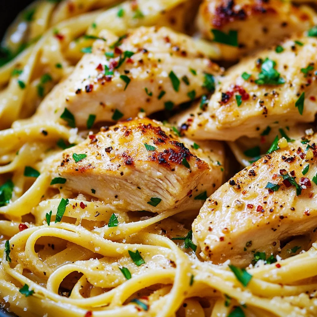 Garlic Butter Chicken Linguine Plate of Garlic Butter Chicken Linguine topped with parsley and parmesan cheese.