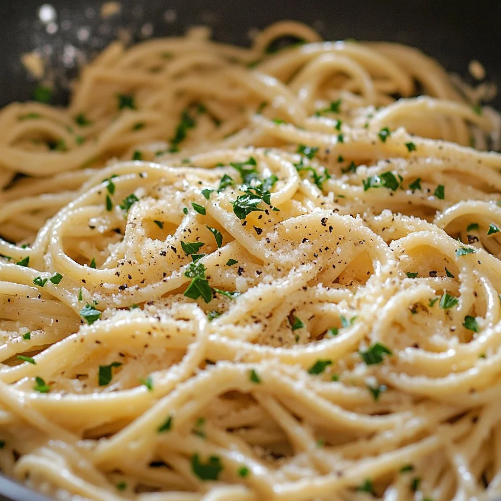 Garlic Lemon Parmesan Pasta Plate of Garlic Lemon Parmesan Pasta topped with fresh herbs