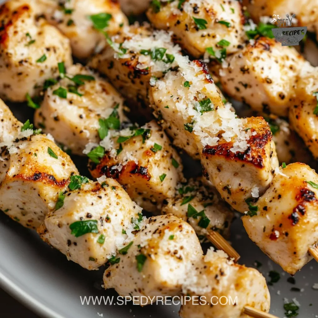 Delicious Garlic Parmesan Chicken Skewers on a wooden platter