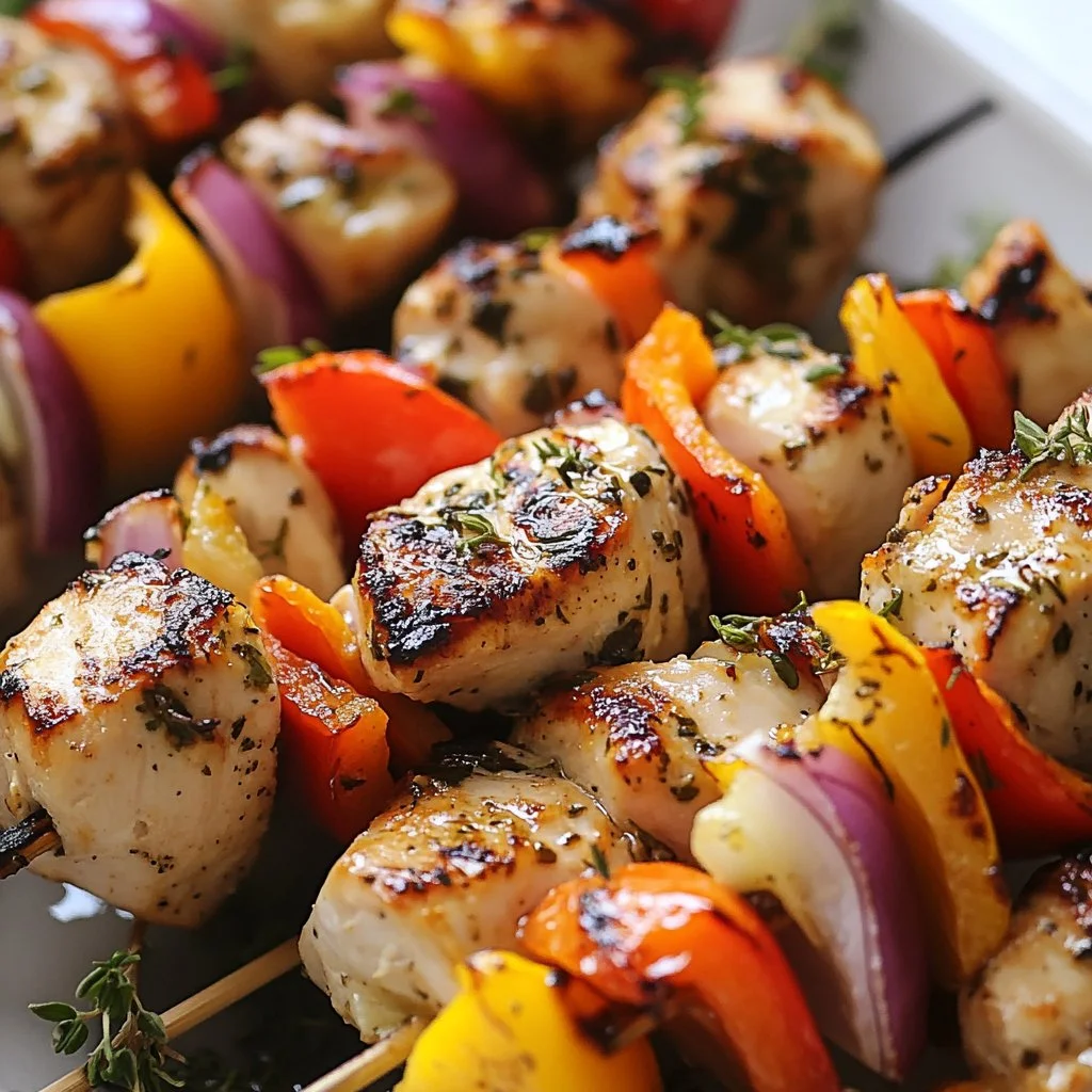 Greek Chicken Kabobs Grilled Greek Chicken Kabobs with vegetables on skewers