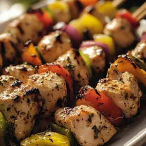 Delicious Greek marinated chicken skewers on a grill.