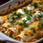 Delicious green chicken enchiladas served with salsa verde and cheese.