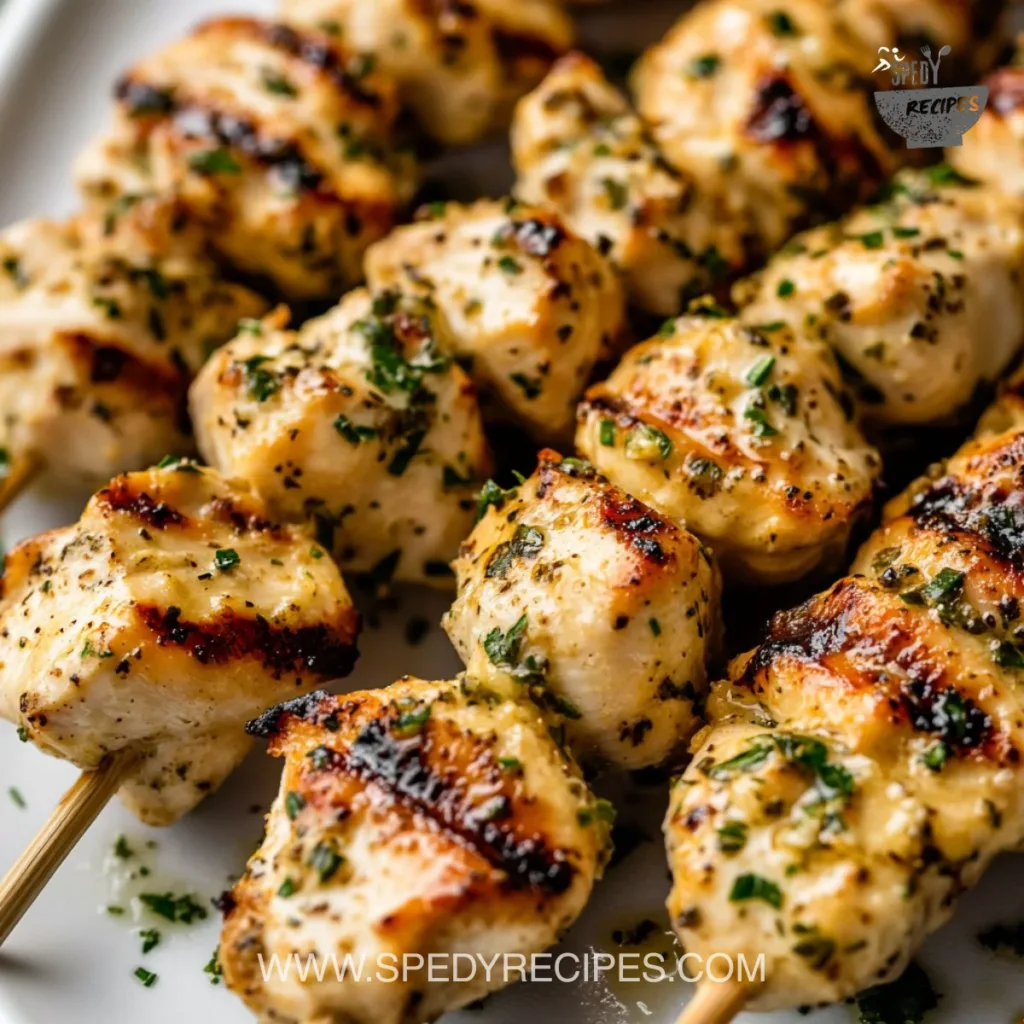 Delicious grilled garlic parmesan chicken skewers on a plate