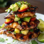 Hawaiian Rotisserie Chicken Stack garnished with fresh pineapple and herbs