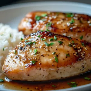 Honey garlic chicken breasts served on a plate with fresh herbs