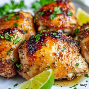 Plate of honey lime chicken garnished with fresh herbs and lime wedges