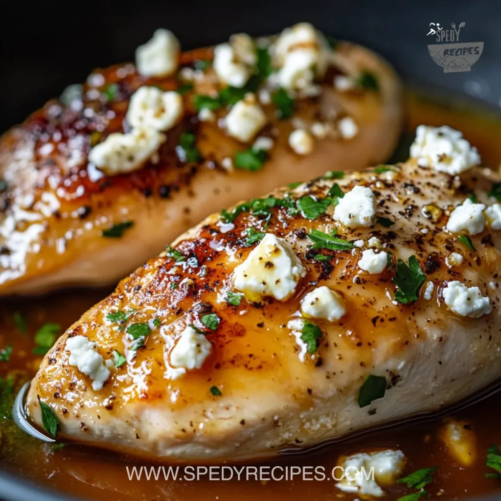 Hot Honey Feta Chicken with a sweet and spicy glaze served on a plate