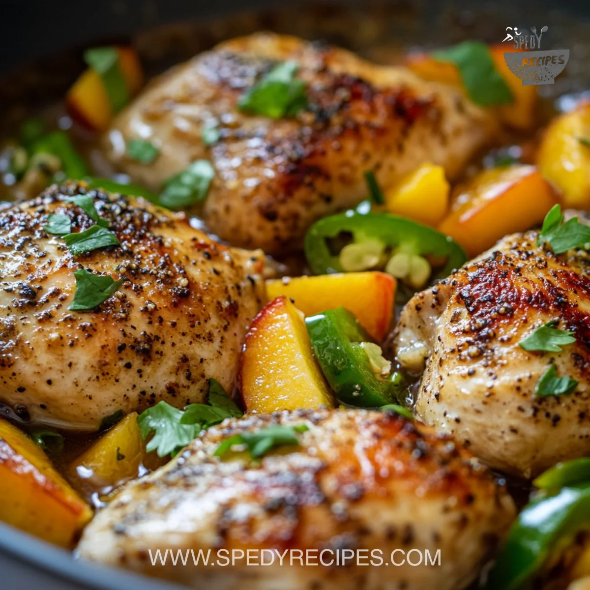 Delicious Jalapeno Peach Chicken dish garnished with herbs and served on a plate