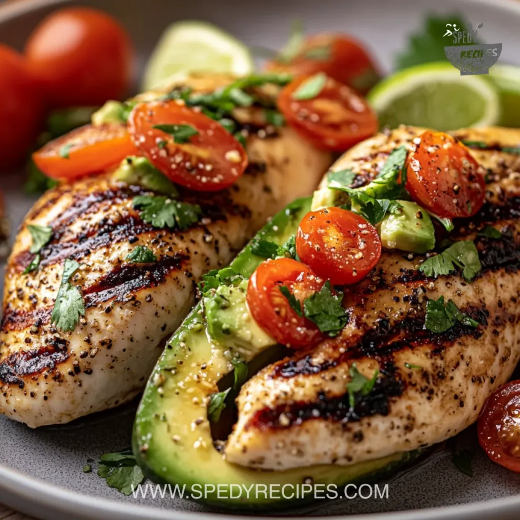 Juicy Grilled California Avocado Chicken Juicy grilled California avocado chicken on a plate garnished with herbs.