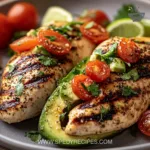 Juicy grilled California avocado chicken on a plate garnished with herbs.