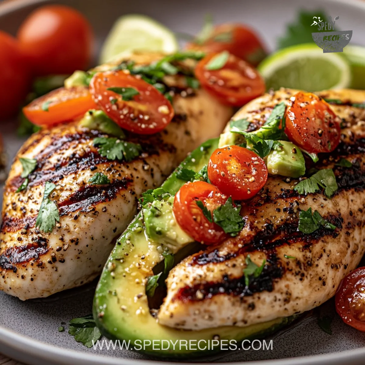 Juicy grilled California avocado chicken on a plate garnished with herbs.