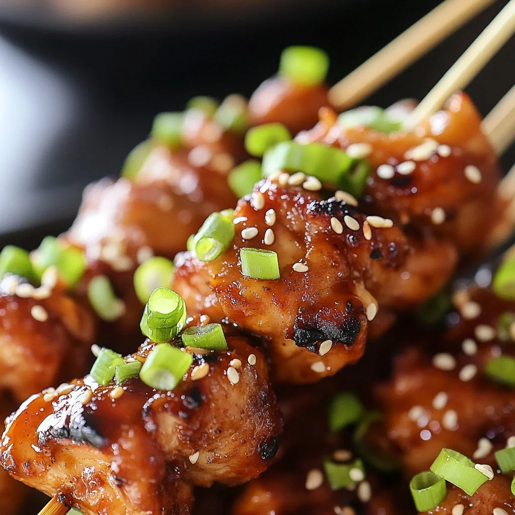 Korean Chicken Skewers - Grilled chicken marinated in Korean spices on skewers.