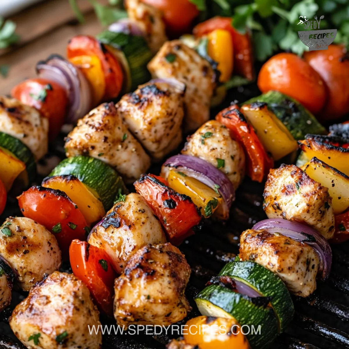 Loaded grilled chicken kabobs with caramelized veggies on the grill
