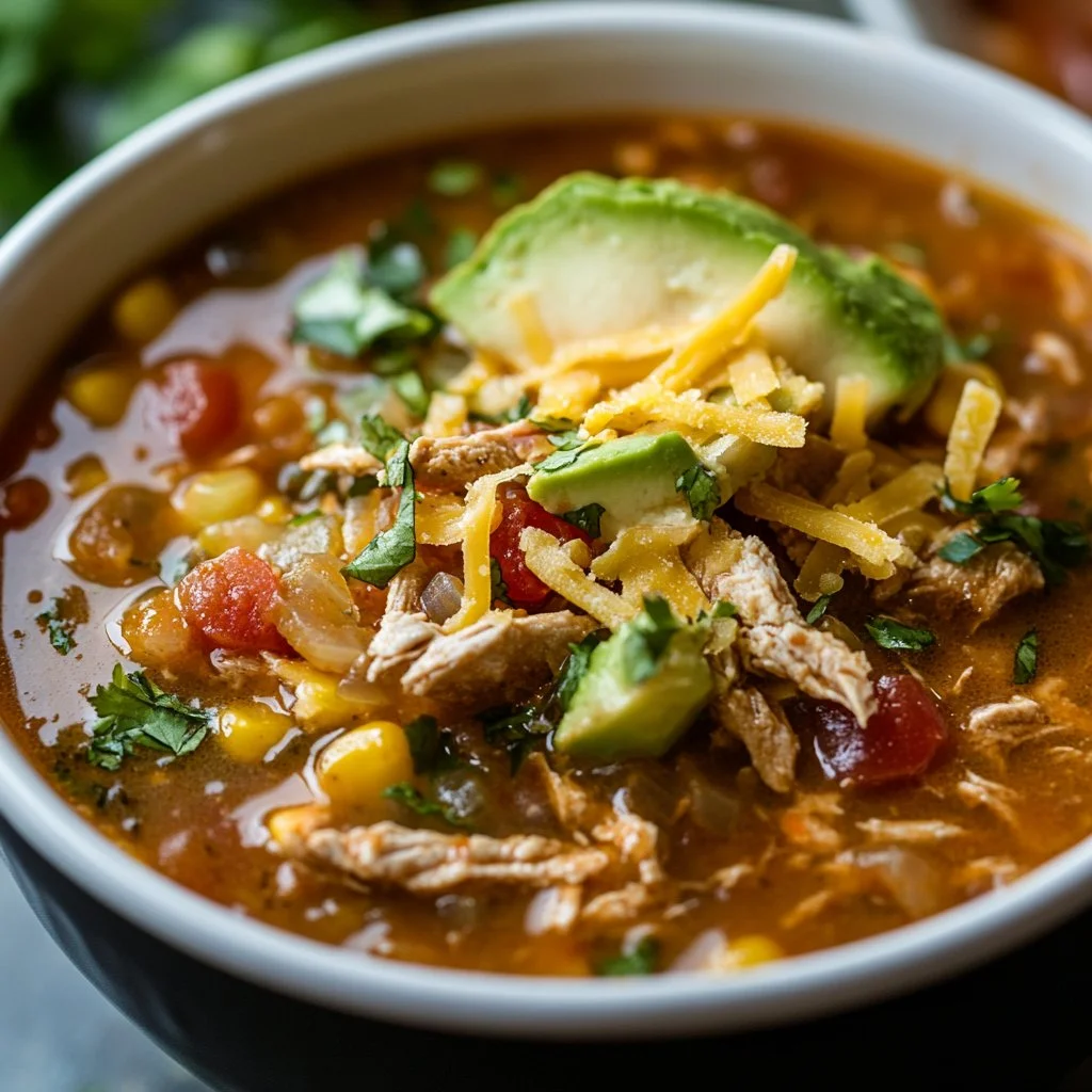 A bowl of rich Mexican soup garnished with fresh herbs and ingredients