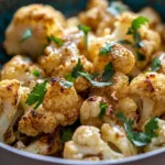 Delicious Moroccan Cauliflower drizzled with tahini-honey, garnished with herbs.