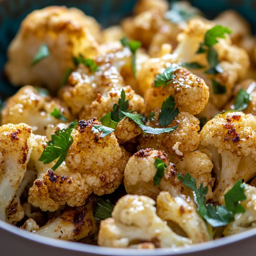Delicious Moroccan Cauliflower drizzled with tahini-honey, garnished with herbs.
