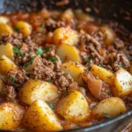 One-pan dish with ground beef and potatoes cooked together for a quick meal