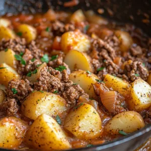 One-pan dish with ground beef and potatoes cooked together for a quick meal