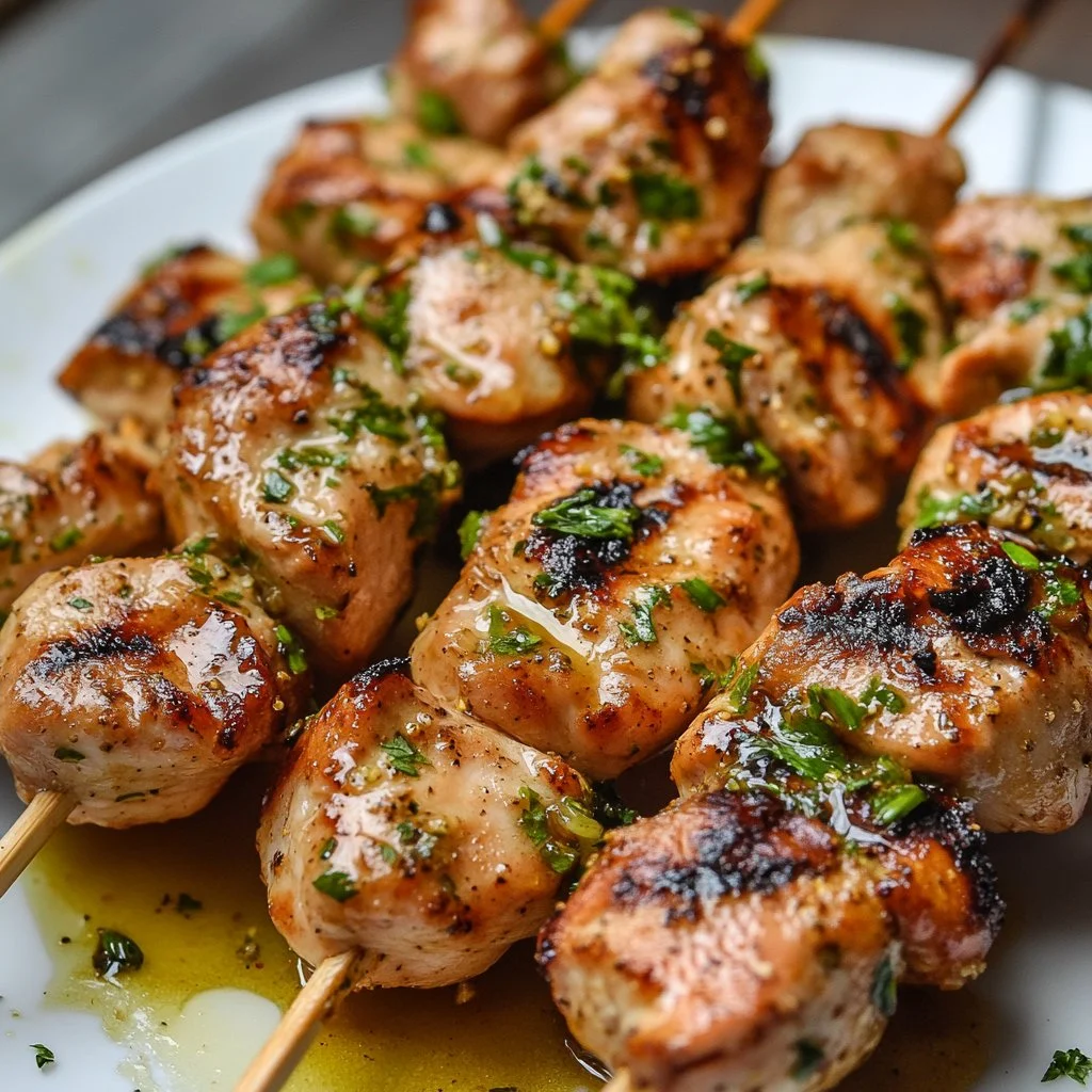 Peruvian grilled chicken skewers served on a plate with vibrant vegetables