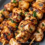 Peruvian grilled chicken skewers served on a platter with fresh herbs