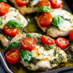 Pesto Bruschetta Chicken served with fresh basil and tomatoes