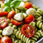 Colorful pesto pasta salad filled with fresh vegetables and herbs.