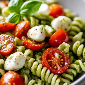 Colorful pesto pasta salad filled with fresh vegetables and herbs.