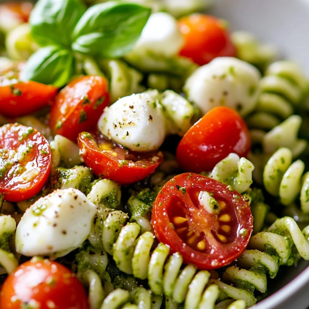 Colorful pesto pasta salad filled with fresh vegetables and herbs.