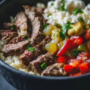 Delicious Philly Cheesesteak Bowl topped with cheese, peppers, and onions