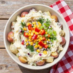 A vibrant spread of Fourth of July side dishes including potato salad, corn on the cob, and watermelon slices on a picnic table.