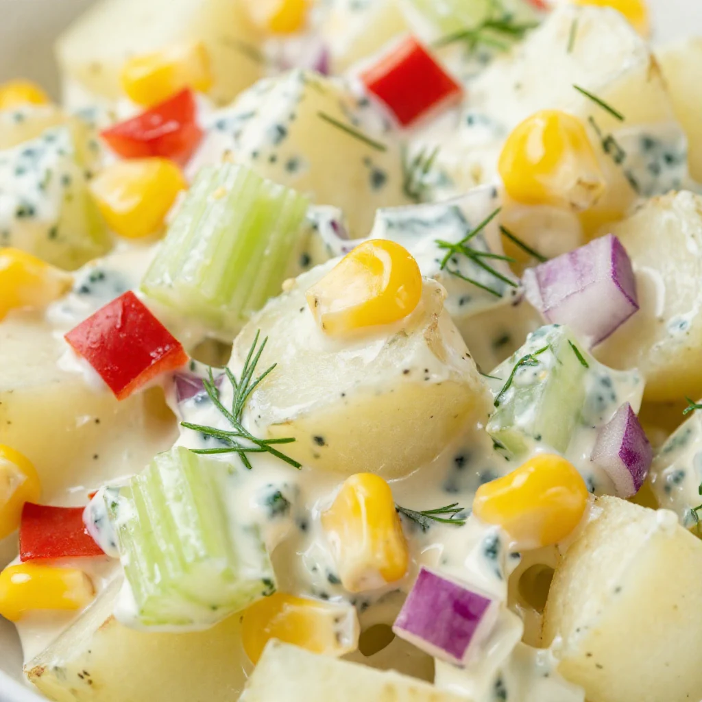 A vibrant spread of Fourth of July side dishes including potato salad, corn on the cob, and watermelon slices on a picnic table.