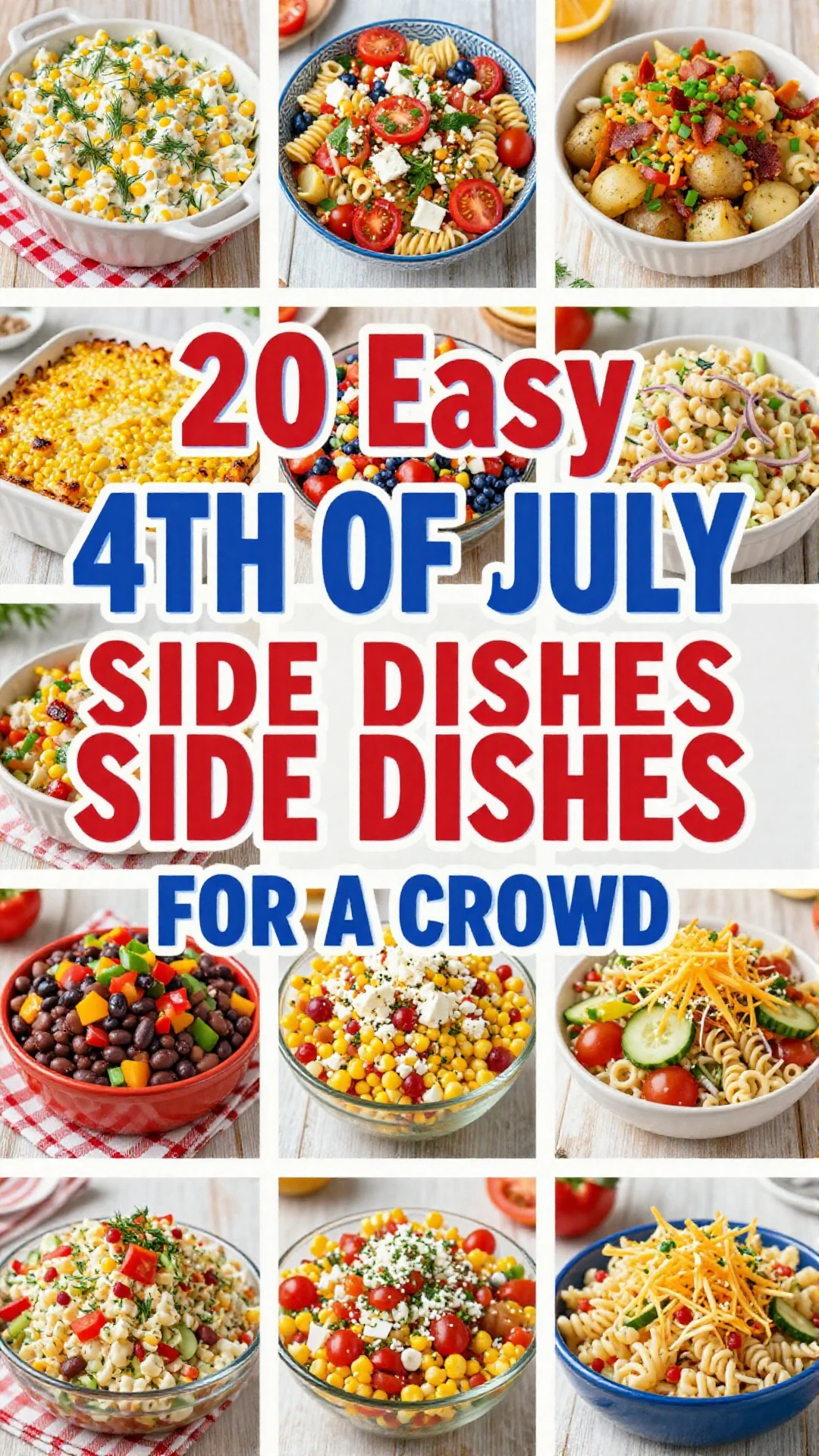 A vibrant spread of Fourth of July side dishes including potato salad, corn on the cob, and watermelon slices on a picnic table.