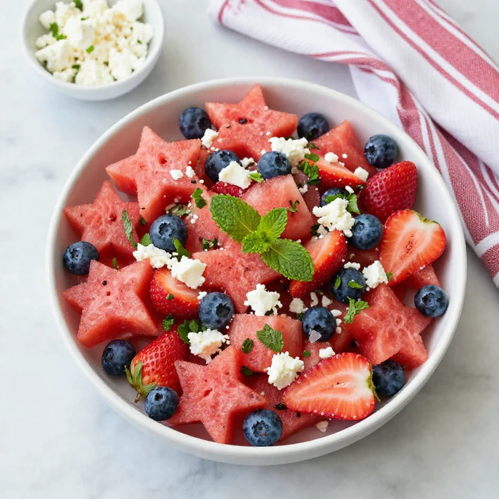 A vibrant red, white, and blue patriotic watermelon fruit salad with blueberries and feta cheese, garnished with fresh mint leaves, served in a white bowl.