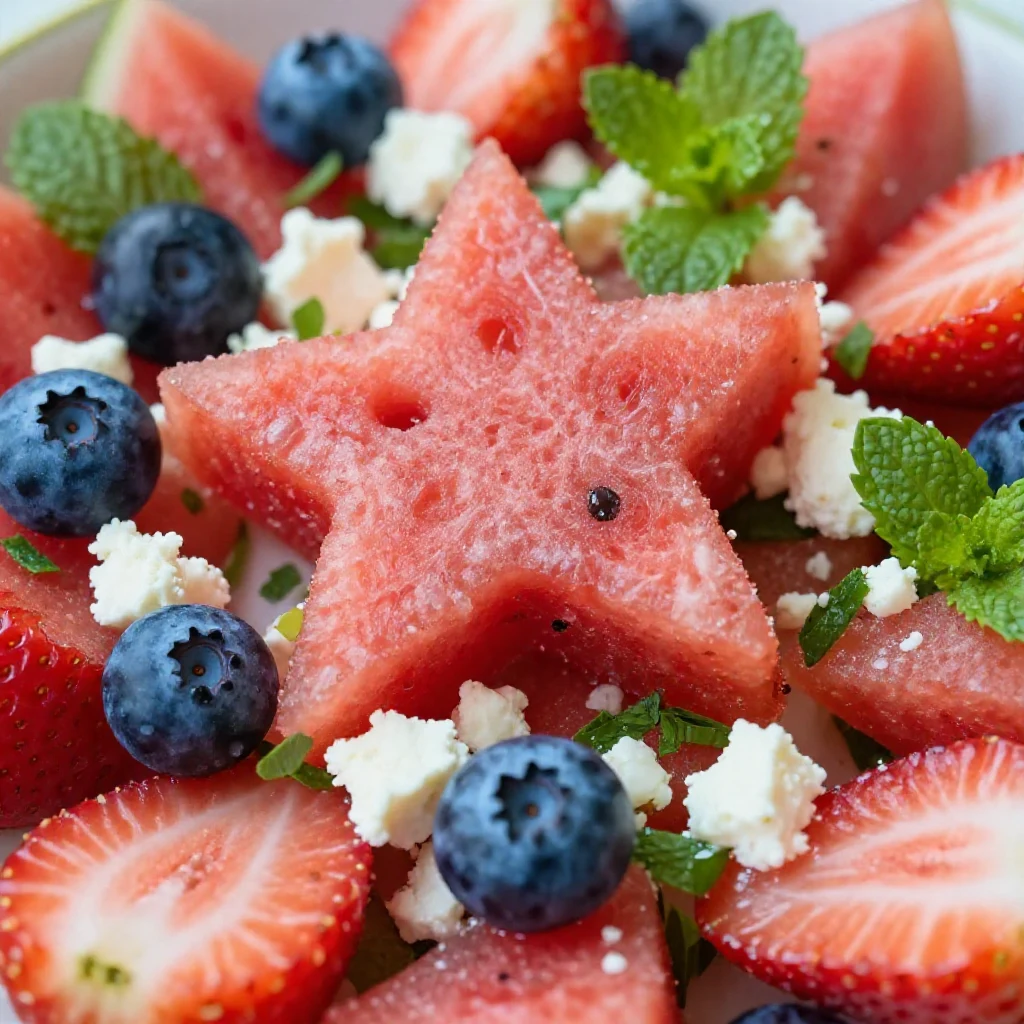 A vibrant red, white, and blue patriotic watermelon fruit salad with blueberries and feta cheese, garnished with fresh mint leaves, served in a white bowl.