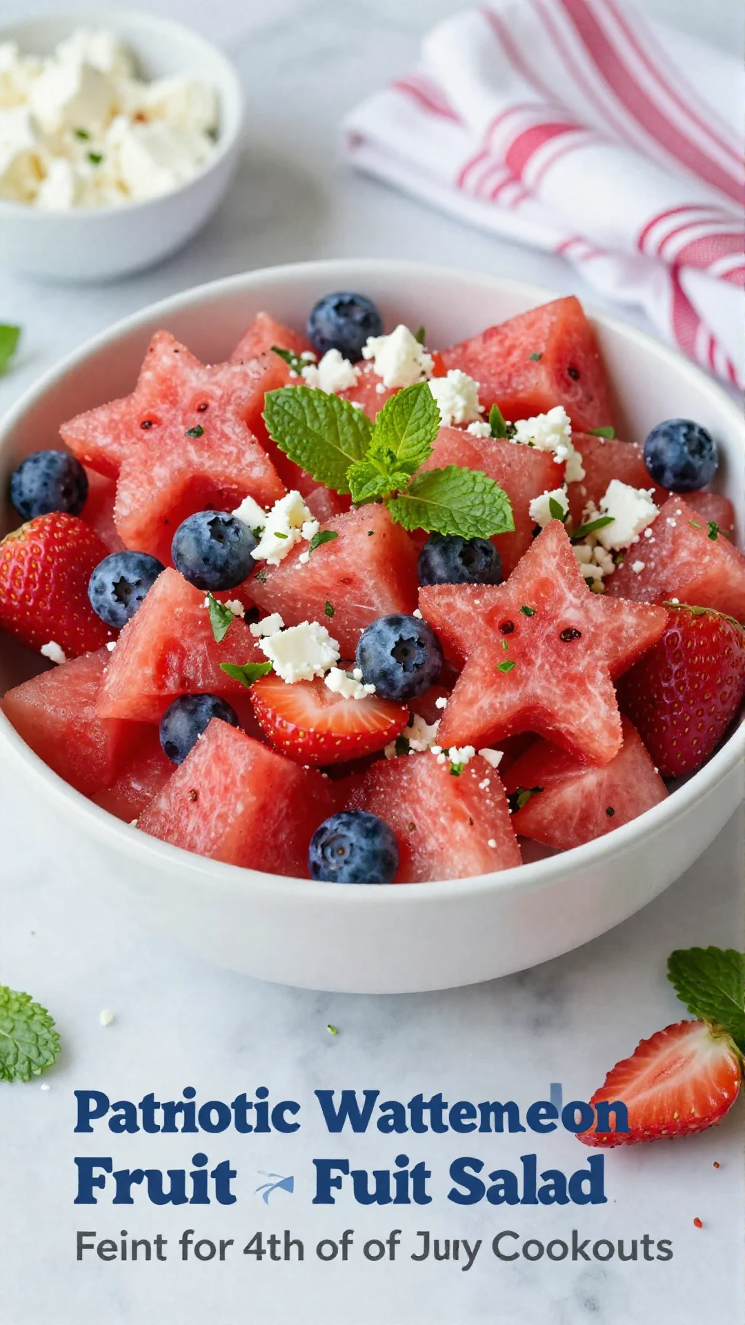 A vibrant red, white, and blue patriotic watermelon fruit salad with blueberries and feta cheese, garnished with fresh mint leaves, served in a white bowl.
