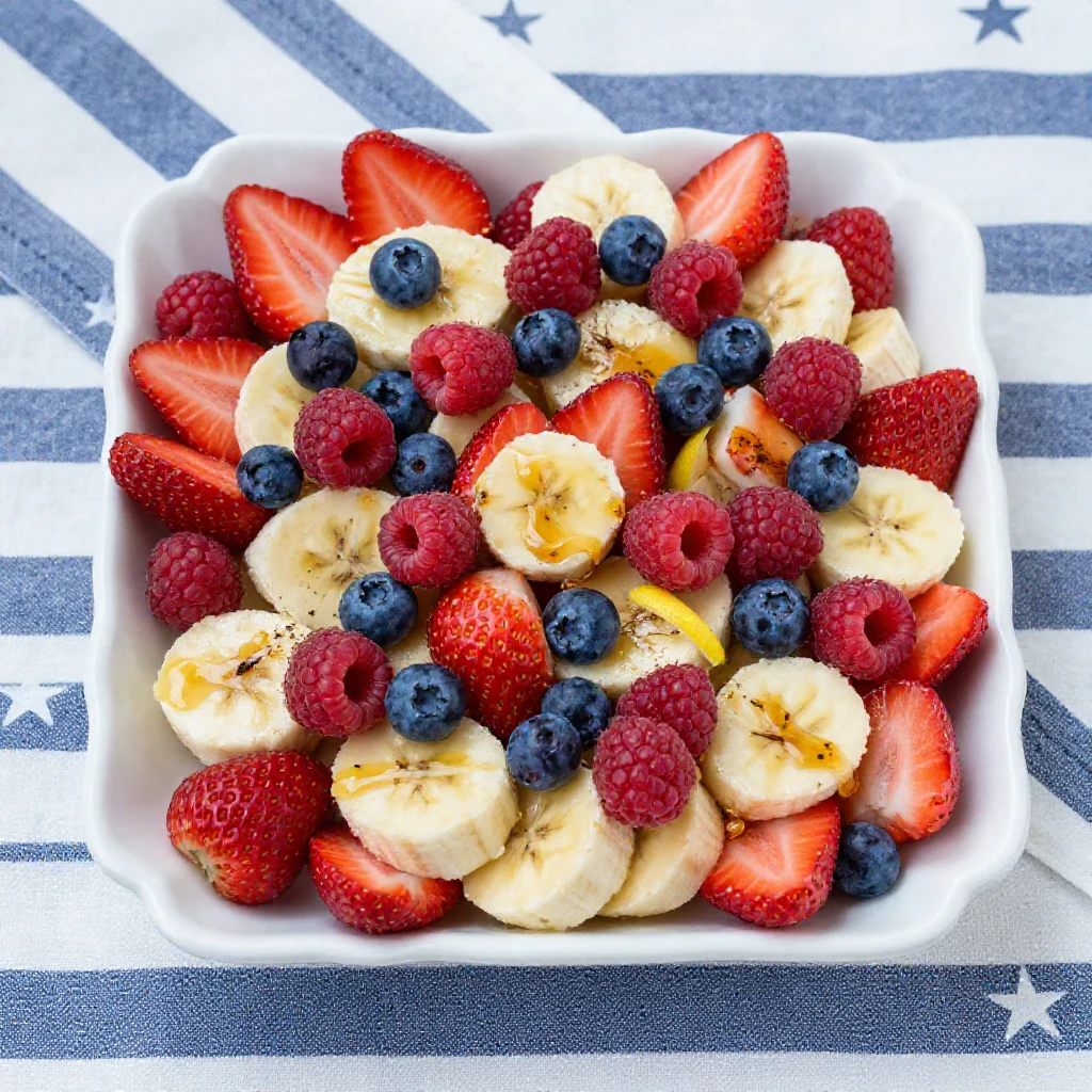 A vibrant red, white, and blue fruit salad in a clear bowl, featuring strawberries, blueberries, and banana slices, perfect for patriotic celebrations.