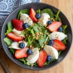 Close-up of a vibrant Berry Caprese Salad with fresh strawberries, blueberries, mozzarella balls, and basil leaves, drizzled with balsamic glaze.
