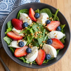 Close-up of a vibrant Berry Caprese Salad with fresh strawberries, blueberries, mozzarella balls, and basil leaves, drizzled with balsamic glaze.