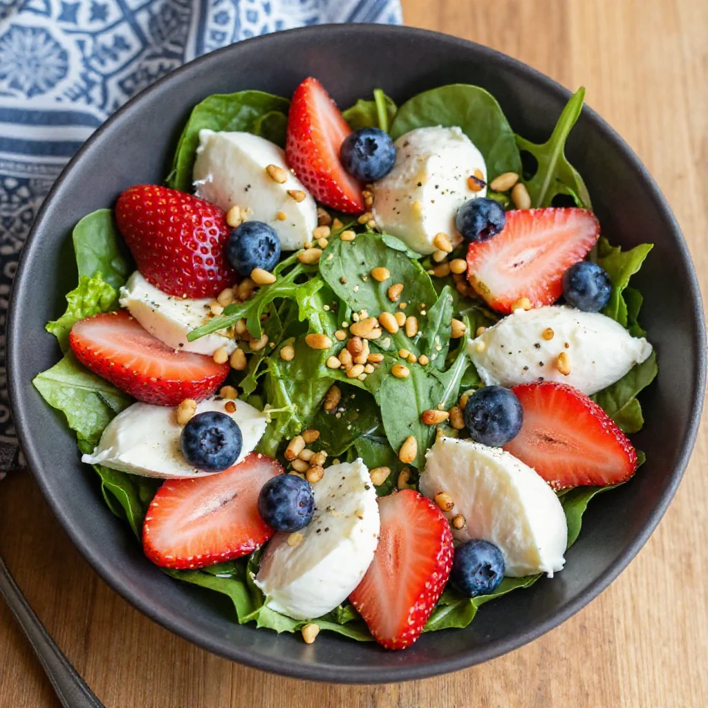 Close-up of a vibrant Berry Caprese Salad with fresh strawberries, blueberries, mozzarella balls, and basil leaves, drizzled with balsamic glaze.